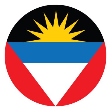 Çember rozet Antigua ve Barbuda bayrak vektör çizimi izole edildi. Roundel Antigua ve Barbuda amblem bayrağı. Vatanseverlik işareti Karayip Devleti.