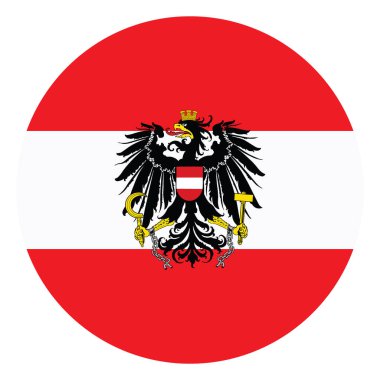 Çember rozet Avusturya bayrak vektör çizimi izole. Avusturya arması. Avrupa ülkesi, AB üyesi. Vatansever işareti. Avusturya yuvarlak amblem bayrağı.