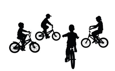 Bisiklet vektörü siluetine binen küçük kızlar ve oğlanlar izole edilmiş. Çocuklar bisiklete binmeyi severler. Aktif çocuklar dışarı çıkar. Yaz tatili zamanı. Mutlu çocuklar arkadaşlar, kardeşler. Oğlu ve kızı.