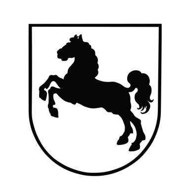 Aşağı Saksonya 'da beyaz arka planda izole edilmiş vektör illüstrasyon arması. Almanya 'nın ulusal sembolü. Heraldry Niedersachsen. Vatansever işareti Aşağı Saksonya. Heraldik zıplayan at silueti.