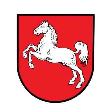 Aşağı Saksonya 'da beyaz arka planda izole edilmiş vektör illüstrasyon arması. Almanya 'nın ulusal sembolü. Heraldry Niedersachsen. Vatansever işareti Aşağı Saksonya. Heraldik zıplayan at silueti.
