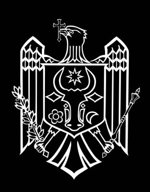 Grafik Moldova arması, vektör illüstrasyonu izole edildi. Mühür ya da ulusal amblem, Moldova hat hatlarıyla gurur duyuyor. Heraldik kartal arması. COA Moldova hanedanlığı amblemi ulusal sembolü.