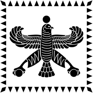 Beyaz üzerine izole edilmiş siyah beyaz İran İmparatorluğu arması siluet silueti. İran Achaemenid İmparatorluğu sembolü. Büyük Gölge Cyrus. Pers İmparatorluğu bayrak unsuru.
