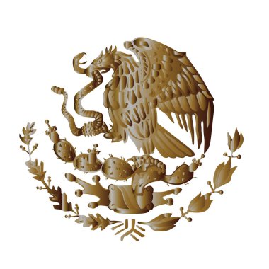 Altın Meksika arması silah vektör silueti çizimi izole edildi. Ulusal amblemi mühürle. Meksika 'nın altın şekilli arması. Gagasında çıngıraklı yılan olan vatansever kartal. Vatansever gururlu kuş.