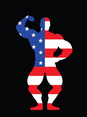 Amerikan kas yapıcı ABD bayrak vektör silueti çizimi izole edildi. Vatansever sporcu güçlü kollar. Vücut geliştirme sporcusu kaslarını gösteriyor. Kas şekli poz yarışması.