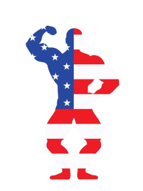 Amerikan kas yapıcı ABD bayrak vektör silueti çizimi izole edildi. Vatansever sporcu güçlü kollar. Vücut geliştirme sporcusu kaslarını gösteriyor. Kas şekli poz yarışması.
