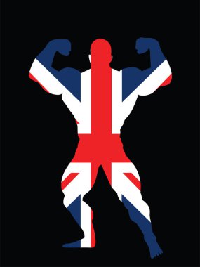 İngiliz kas geliştirici Birleşik Krallık bayrak vektör silueti çizimi izole edildi. Vatansever İngiliz sporcu güçlü kollar. Vücut geliştirme sporcusu kaslarını gösteriyor. Kas şekli poz yarışması.