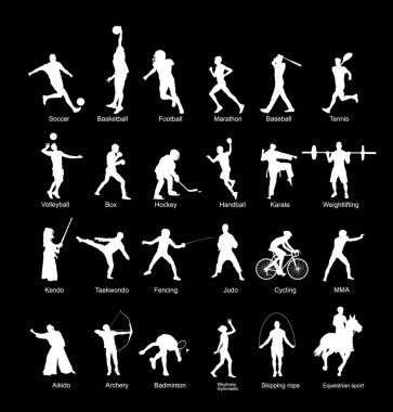 Spor adamı vektör silueti koleksiyonu farklı spor disiplinlerinde. Aktif sporcuların şekil çizimlerini ayarla. Sporcu yetenekleri. Sağlık eğitimi ve spor salonu, açık hava. Sporcu gölgesi.