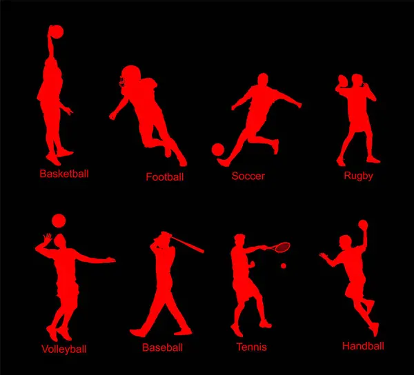 stock vector Set of ball sport discipline players with ball vector silhouette illustration isolated. Sports man shape. Sportsman action shadow. Basketball Football Soccer Rugby Volleyball Baseball Tennis Handball.