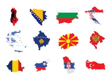 Balkan bölgesi haritasında vektör silueti çizimi izole edildi. Arnavutluk, Bosna-Hersek, Hırvatistan, Kosova, Makedonya, Romanya, Slovenya, Sırbistan, Türkiye. Ulusal sembollü ceket kolları