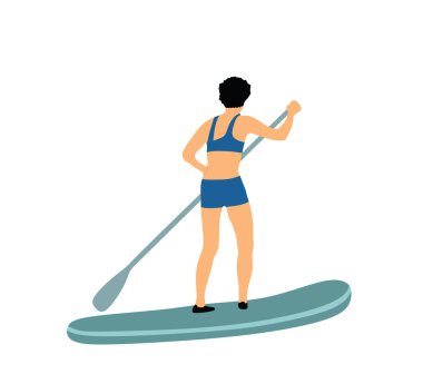 Su vektörü illüstrasyonunda yemek yiyen kadın izole edilmiş. Yüzme kıyafeti giyen bayan sörfçü açık havada eğleniyor. Bikinili sporcu kız, elinde kürekle denizin tadını çıkarıyor. Aktif kadın eğlencesi. 
