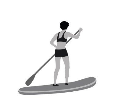 Su vektörü illüstrasyonunda yemek yiyen kadın izole edilmiş. Yüzme kıyafeti giyen bayan sörfçü açık havada eğleniyor. Bikinili sporcu kız, elinde kürekle denizin tadını çıkarıyor. Aktif kadın eğlencesi. 