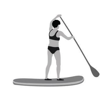 Su vektörü illüstrasyonunda yemek yiyen kadın izole edilmiş. Yüzme kıyafeti giyen bayan sörfçü açık havada eğleniyor. Bikinili sporcu kız, elinde kürekle denizin tadını çıkarıyor. Aktif kadın eğlencesi. 