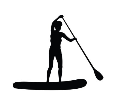 Su vektörü siluetinde yemek yiyen bir kadın izole edilmiş. Yüzme kıyafeti giyen bayan sörfçü açık havada eğleniyor. Bikinili sporcu kız kürekle ayakta duruyor. Aktif kadın eğlencesi. 