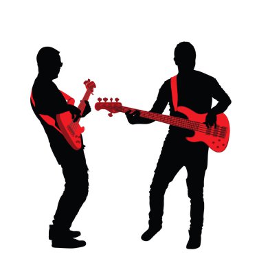 Erkek gitarist düet vektör silueti çizimi izole edildi. Popüler erkek müzik yıldızı sahnede. Gitar müzik aleti. Rock 'n' roll gitaristi erkek konser ikilisi halk eğlencesi.