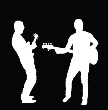 Erkek gitarist düet vektör silueti çizimi izole edildi. Popüler erkek müzik yıldızı sahnede. Gitar müzik aleti. Rock 'n' roll gitaristi erkek konser ikilisi halk eğlencesi.