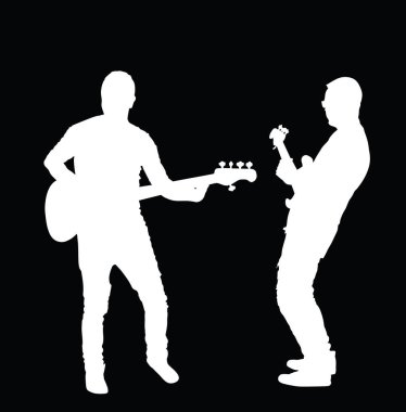Erkek gitarist düet vektör silueti çizimi izole edildi. Popüler erkek müzik yıldızı sahnede. Gitar müzik aleti. Rock 'n' roll gitaristi erkek konser ikilisi halk eğlencesi.