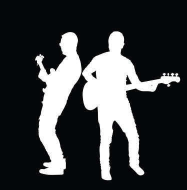 Erkek gitarist düet vektör silueti çizimi izole edildi. Popüler erkek müzik yıldızı sahnede. Gitar müzik aleti. Rock 'n' roll gitaristi erkek konser ikilisi halk eğlencesi.