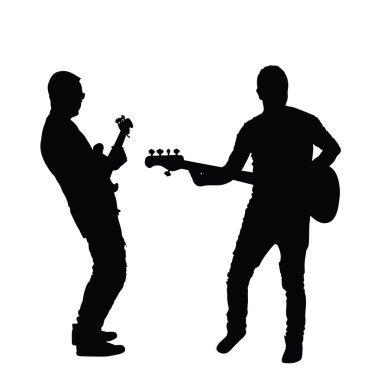 Erkek gitarist düet vektör silueti çizimi izole edildi. Popüler erkek müzik yıldızı sahnede. Gitar müzik aleti. Rock 'n' roll gitaristi erkek konser ikilisi halk eğlencesi.