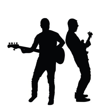 Erkek gitarist düet vektör silueti çizimi izole edildi. Popüler erkek müzik yıldızı sahnede. Gitar müzik aleti. Rock 'n' roll gitaristi erkek konser ikilisi halk eğlencesi.