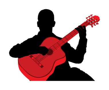 Man playing acoustic guitar vector silhouette illustration isolated. Classic music street performer concert. Musician artist amusement public. Virtuoso classic guitar. Boy play string instrument. clipart