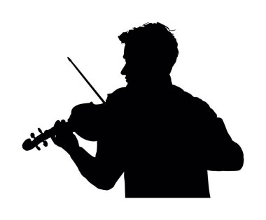 Man playing violin vector silhouette illustration isolated. Classic music performer concert. Musician artist amusement public. Boy virtuoso on violin shape shadow. Elegant handsome gentleman. clipart