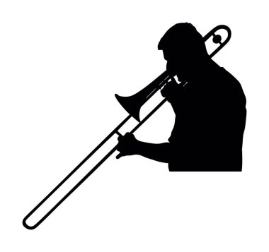 Tromboncu vektör silüeti çizimi izole edildi. Müzisyen rüzgar enstrümanı çalıyor. Sanatçı caz adamı. Borazancı sokak sanatçısı. Erkek müzisyen trompet çalıyor. Halk eğlencesi. Klasik müzik etkinliği.