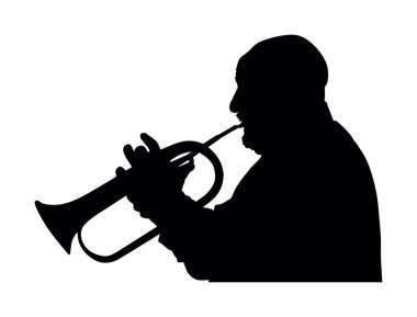 Müzisyen adam sahnede trompet çalıyor vektör silüetinde beyaza izole edilmiş. Müzik erkek. Caz adamı. Borazancı sokak sanatçısı. Trompetçi şekil gölgesi. Geleneksel folklor enstrümanı.