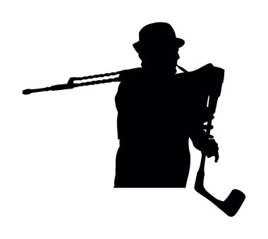 Gaydacı müzisyen erkek vektör silueti çizimi beyaz arka planda izole edildi. Sokak çocuğu. Geleneksel bir enstrümanla müzik çalıyor. Gayda boruları gölge şeklindedir. Folklor erkek şapkası.