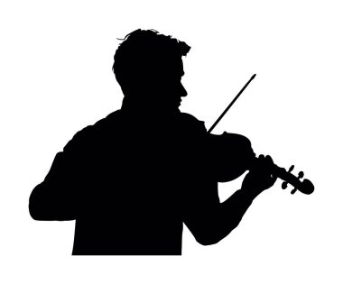 Man playing violin vector silhouette illustration isolated. Classic music performer concert. Musician artist amusement public. Boy virtuoso on violin shape shadow. Elegant handsome gentleman. clipart