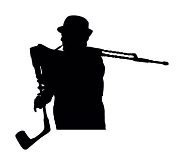 Gaydacı müzisyen erkek vektör silueti çizimi beyaz arka planda izole edildi. Sokak çocuğu. Geleneksel bir enstrümanla müzik çalıyor. Gayda boruları gölge şeklindedir. Folklor erkek şapkası.