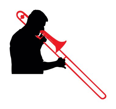 Tromboncu vektör silüeti çizimi izole edildi. Müzisyen rüzgar enstrümanı çalıyor. Sanatçı caz adamı. Borazancı sokak sanatçısı. Erkek müzisyen trompet çalıyor. Halk eğlencesi. Klasik müzik etkinliği.