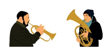 Musician player boy tenor horn duet vs trumpet man vector illustration isolated. Music duo artist men play wind instrument. Jazz man saxhorn. Bugler performer. Male trumpeter. Classic music blow event clipart