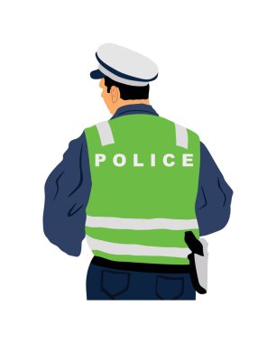 Nöbetçi polis memuru vektör çizimi beyaz arka planda izole edildi. Üniformalı bir polis. Gizli Servis Üyesi insanları korur. Kanun ve düzen polisi. Kalabalığa dikkat et.