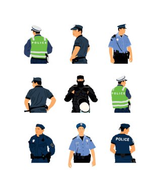 Vektör çizimindeki polis memuru izole edildi. Devriye gezen polisler. Gizli Servis Üyesi insanları korur. Kanun ve düzen. Trafik polisi ekip birimi. Dedektif gözlemle.