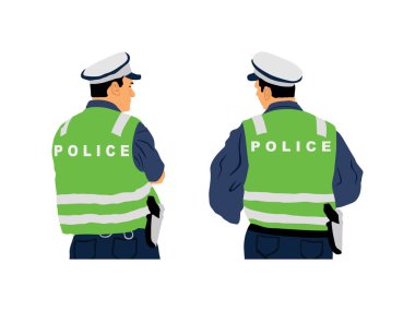 Nöbetçi polis memurları vektör çizimi beyazda izole edildi. Üniformalı bir polis. Gizli servis insanları korur. Kanun ve düzen, devriye polisi çift. Kalabalığa dikkat et..