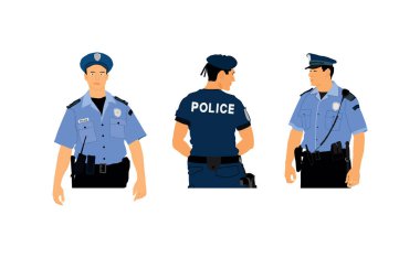 Görevli polis memuru vektör çizimi beyaz arka planda izole edildi. Polis üniformalı adam sokakta devriye geziyor. Gizli Servis Üyesi insanları korur. Kanun ve düzen. Terörizme karşı.