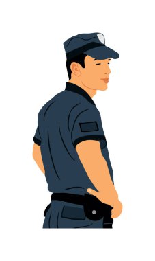 Görevli polis memuru vektör çizimi beyaz arka planda izole edildi. Polis üniformalı adam sokakta devriye geziyor. Gizli Servis Üyesi insanları korur. Kanun ve düzen. Terörizme karşı.