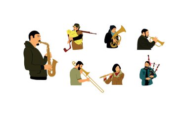 Brass band play vector illustration. Wind instrument concert jazz event. Music orchestra flute, trumpet, bugler, saxophone, trombone, tenor horn, flutist, bagpiper. Musician entertainment clipart