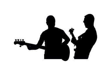 Erkek gitarist düet vektör silueti çizimi izole edildi. Popüler erkek müzik yıldızı sahnede. Gitar müzik aleti. Rock 'n' roll gitaristi erkek konser ikilisi halk eğlencesi.