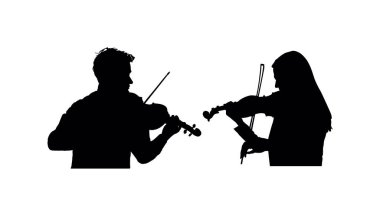 Tandem woman and man duet playing violin vector silhouette illustration isolated. Classic music couple lady and boy duo performer concert. Musician artist. Girl violin virtuoso violinist entertainment clipart