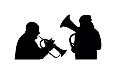 Müzisyen çocuk tenor horn düeti trompet adama karşı vektör silueti çizimi izole edildi. Müzik ikilisi erkekler rüzgar enstrümanı çalar. Caz adamı saksafon. Borazancı erkek trompetçi şekil gölgesi.