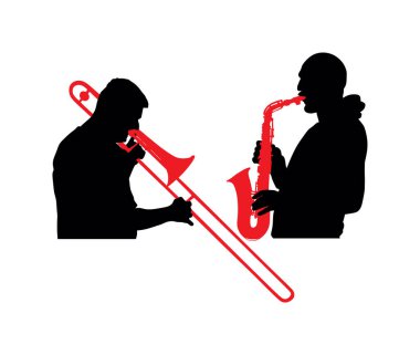 Duo Trombone and trumpet players vector silhouette illustration isolated. Duet Music man play wind instrument. Artist boy jazz band. Bugler street performer. Saxophone musician shape shadow play. clipart