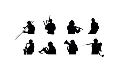 Bando vektör silueti çalıyor. Rüzgar enstrümanı konser caz etkinliği. Müzik orkestrası klarneti, flüt, trompet, borazan, saksafon, trombon, tenor kornası, flütçü, gaydacı. Müzisyen eğlencesi