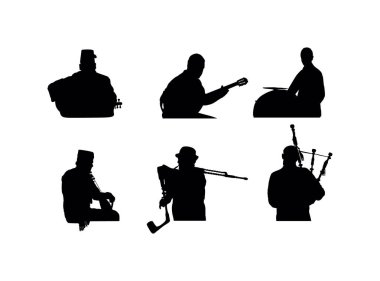 Bouzouki player and oud lute mandola and Drummer. Guslar play gusle. Bagpipe bagpipers man vector silhouette isolated. Traditional music instrument. Balkan singer musician players. Folklore artist. clipart