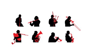 Bando vektör silueti çalıyor. Rüzgar enstrümanı konser caz etkinliği. Müzik orkestrası klarneti, flüt, trompet, borazan, saksafon, trombon, tenor kornası, flütçü, gaydacı. Müzisyen eğlencesi