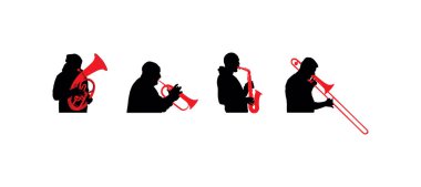 Bando vektör silueti izole edildi. Rüzgar enstrümanı konser caz etkinliği. Müzik orkestrası klarneti, trompet, borazan, saksafon, trombon, tenor kornosu. Müzisyen eğlence adamları dörtlüsü. 