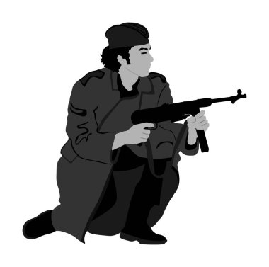 Düşman vektör çizimine tüfekle ateş eden ikinci dünya savaşı askeri izole edildi. 2. Dünya Savaşı 'ndan kalma tüfekli bir asker, düşman hedefine ateş ediyor. Savaşta cesur bir kahraman. Savaş alanı becerileri taktiksel grev.