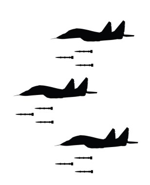 Askeri hava saldırısı bombardıman uçakları düşman kara birliklerine saldırıyor siluet çizimi izole edildi. Füze roketatar ve radar hava gözetimi düzeni..