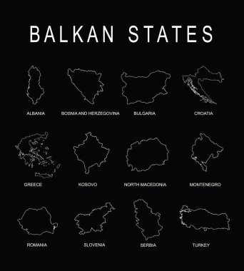 Balkan bölgesi haritası çizgisi vektör silueti çizimini izole etti. Arnavutluk, Bosna-Hersek, Hırvatistan, Kosova, Makedonya, Romanya, Slovenya, Sırbistan, Türkiye. Balkan şekil gölgesi